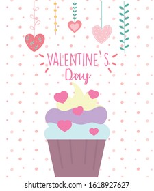happy valentines day, sweet cupcake cream hearts love snack vector illustration