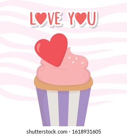 happy valentines day, sweet cupcake with red heart romantic celebration vector illustration