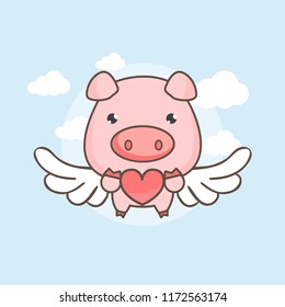 Happy Valentine's day. Sweet Cupid pig flying in the sky.