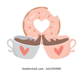 happy valentines day sweet donut and coffee cups love hearts vector illustration