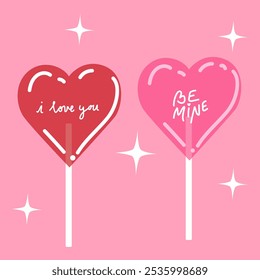 Feliz Dia dos Namorados. Cartaz retrô do vetor do doce do pirulito do coração. Perfeito como arte de parede, cartão de presente Valentines, cartaz e convite. Eu te amo, seja minha inscrição