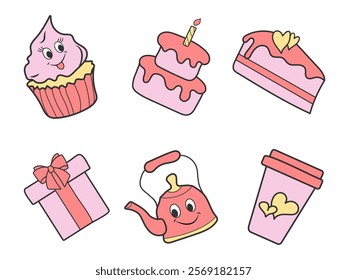 Happy Valentine's Day Sweet Sticker Set. Trendy Y2K Retro Love Icons. Love post office. Romantic objects Isolated. Cute Collection Elements Vector Illustrations, Cake, Cupcake, Gift, Coffee, Teapot.