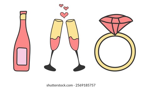 Happy Valentine's Day Sweet Sticker Set. Trendy Y2K Retro Love Icons. Love post office. Romantic objects Isolated. Cute Collection Elements Vector Illustration, Bottle, Glasses, Ring.