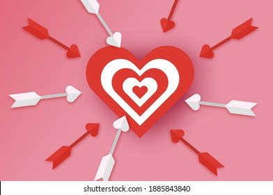 Happy Valentines day. Target heart and arrow. Love time. Paper cut style. Pink background.