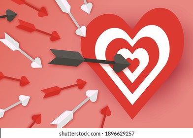 Happy Valentines day. Target heart and arrow. Love time. Paper cut style. Pink background.