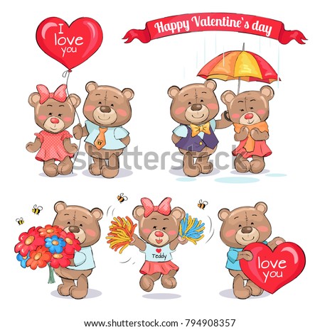 Happy Valentines day teddy bears who hold big balloon, colorful bouqet, huge heart, stand under umbrella and jump with pompoms vector illustrations.