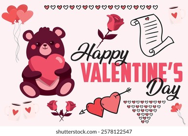 Happy Valentines day with teddy rose heart and coffee mug