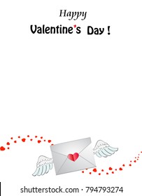 Happy Valentine's Day template. Closed heart stamped envelope with white angel wings and hearts wave track on white background with space for text. Velentines greeting card with copy space.