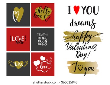 Happy Valentines day template design card. Modern calligraphy. Handwritten inscription and heart. Ink brush lettering. Golden and red background.