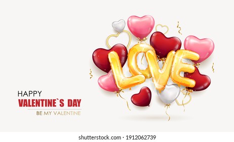 Happy Valentines day template with heart shaped balloons and the inscription love from gold foil balloons. Holiday banner, web poster, romantic brochure design, flyer, greeting card. Vector bacground