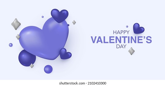 Happy Valentine's day template with hearts and highlights. Banner for the holiday with hearts and highlights in Very Peri color. The layout of the holiday. Vector image in three-dimensional