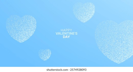 Happy Valentine's day template. Minimalistic heart of dots, blue background. Dotwork hearts banner. Vector illustration.