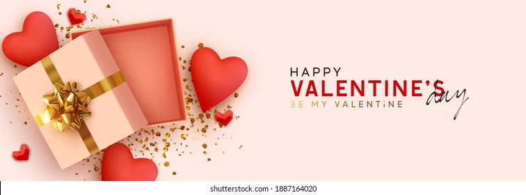 Happy Valentines day template with open gift box. Romantic design Realistic decorative objects, red heart. Sale banner, surprise poster, flyer and brochure. Mock up holiday. Vector flat lay, top view