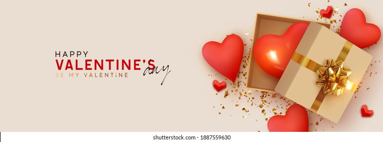 Happy Valentine's day template with open gift box. Romantic design Realistic decorative objects, red heart. Sale banner, surprise poster, flyer and brochure. Mock up holiday. Vector flat lay, top view