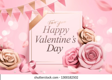 Happy Valentine's day template with paper roses and ribbon decorations on bokeh pink background, 3d illustration