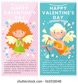 Happy valentine's day. Template for postcards. Cupids girl and boy. Congratulation. Lovely angels.The 14th of February.