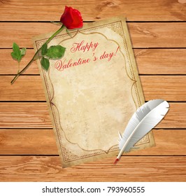 Happy Valentines day template with space for text. Old vintage paper framed with oriental ancient pattern, red rose and feather pen on rustic wooden planks table background. Highly detailed vector. 