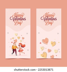 Happy Valentine's Day Template or Standee Banner Collection With Young Couple Character And Heart Balloons.