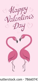 Happy valentines day template with symbol of heart and couple of flamingos lovers. Valentine's day greetings card with two birds and hand lettering. 14 February banner with hand drawn calligraphy.