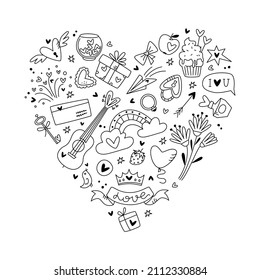 Happy Valentine's Day template. Vector illustration with hearts, flowers, gifts, sweets. Set of hand drawn isolated heart shaped doodles on white background