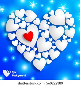 Happy Valentines Day template with white paper hearts on light blue background isolated vector illustration