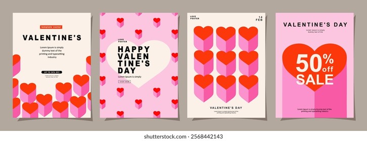 Happy Valentines Day templates for social media posts, cover, poster, banners, marketing, sales promotion and card design. Vector backgrounds, geometric style with hearts pattern.