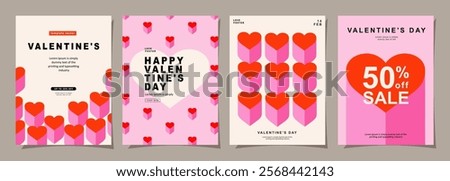 Happy Valentines Day templates for social media posts, cover, poster, banners, marketing, sales promotion and card design. Vector backgrounds, geometric style with hearts pattern.