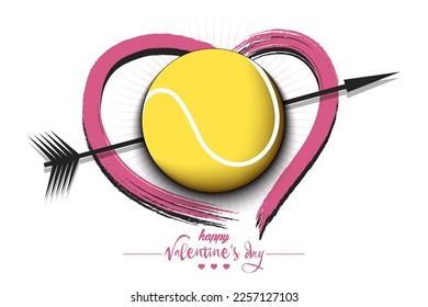 Happy Valentines Day. Tennis ball, arrow and heart. Design pattern on the tennis theme for greeting card, logo, emblem, banner, poster, flyer, badges. Vector illustration