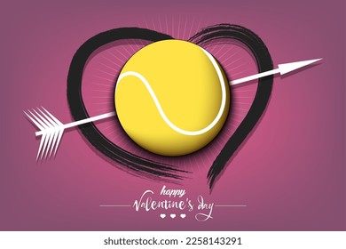Happy Valentines Day. Tennis ball, arrow and heart. Design pattern on the tennis theme for greeting card, logo, emblem, banner, poster, flyer, badges. Vector illustration