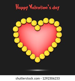 Happy Valentines Day. Tennis balls laid out in the shape of the heart on isolated background. Design pattern for greeting card, banner, poster, flyer,  invitation party. Vector illustration