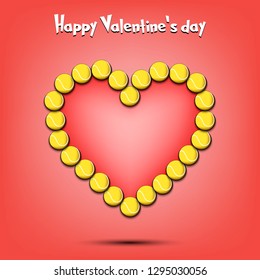 Happy Valentines Day. Tennis balls laid out in the shape of the heart on isolated background. Design pattern for greeting card, banner, poster, flyer,  invitation party. Vector illustration