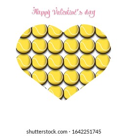 Happy Valentines Day. Tennis balls located in the form of a heart on an isolated background. Design pattern for greeting card, banner, poster, flyer,  invitation party. Vector illustration