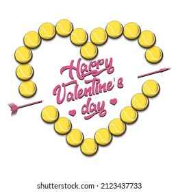 Happy Valentines Day. Tennis balls laid out in the shape of the heart. Design pattern for greeting card, banner, poster, flyer, invitation party. Vector illustration on isolated background