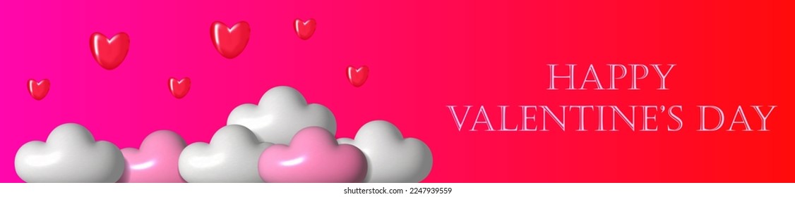 Happy Valentine's day text with 3d plastic cloud, heart. Love vector illustration. Romantic postcard, card, invitation, horizontal banner template for web