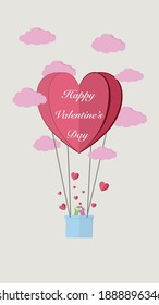 Happy Valentinstag Text Hintergrund Liebe Concept Card Design mit Paaren fliegen in rosafarbenem Herzen Ballon. Vektorgrafik.