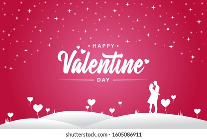 Happy Valentine's day text banner on pink background. Vector illustration. Romantic quote postcard, card, invitation, banner template.