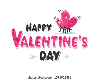 Happy Valentine's Day Text with Cartoon Hearts Couple Hugging on White Background.