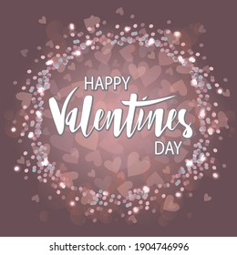 Happy Valentines Day text as celebration badge, tag, icon. Banner on textured rose gold background.  Text card invitation, template. Festivity background. Lettering typography poster. EPS 10.