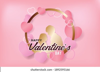 Feliz texto del Día de San Valentín con forma de círculo y pareja, en fondo rosa. Ilustración vectorial de una tarjeta de San Valentín.
