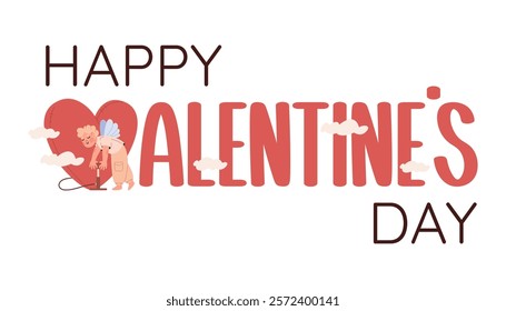 Happy Valentines day text composition. Cupid inflates large heart shaped balloon with pump. Cartoon funny vector illustration