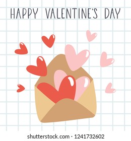 Happy Valentine's Day text with envelope and hearts. Holiday greeting card.