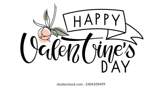 Happy Valentines Day text with flower decor. Valentines Day greeting card template. Vector phrase illustration to Valentines day design, banner, card