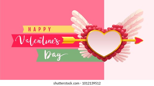 Happy valentines day text greeting card. Arrow pierced heart shape symbol of love. Vector cartoon illustration