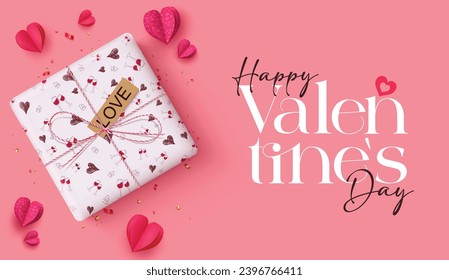 Happy valentine's day text greeting vector design. Valentine's day greeting card with gift box surprise elements and heart paper cut decoration in romantic pink background. Vector illustration hearts 
