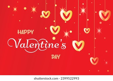 Feliz Día de San Valentín tarjeta de saludo de texto El oro pega corazones como la garland 14 de febrero todos los amantes Fiesta Diseño Gentil Sentimientos románticos Promoción plantilla de compras amor concepto romántico fondo rojo 