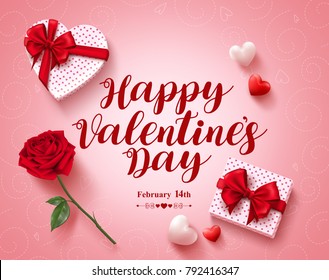 Happy valentines day text greeting card vector design with love gifts, rose and hearts elements in pink pattern background for valentines day. Vector illustration.
