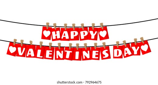 Happy Valentines Day text greetings on red tags hanging with woods clamp on a black Line with heart shape on white background. Concept of love and Valentine day design. Vector illustration.