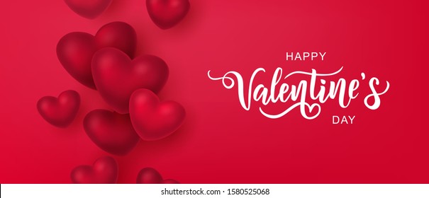 Happy Valentine's day text, hand lettering typography poster on red gradient background with 3d hearts. Vector illustration. Romantic quote postcard, card, invitation, banner template. 