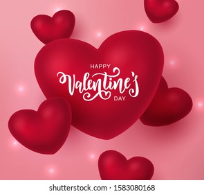 Happy Valentine's day text, hand lettering typography poster on red gradient background. Vector illustration. Romantic quote postcard, card, invitation, banner template. 