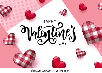Happy Valentine's day text, hand lettering typography card design with pattern hearts. Vector illustration. Romantic quote postcard, card, invitation, banner template. 